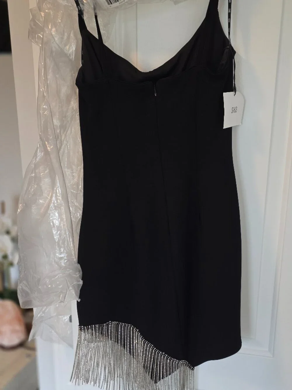 NWT SHO Tadashi Shoji Crystal Fringe Black Mini Dress M $308